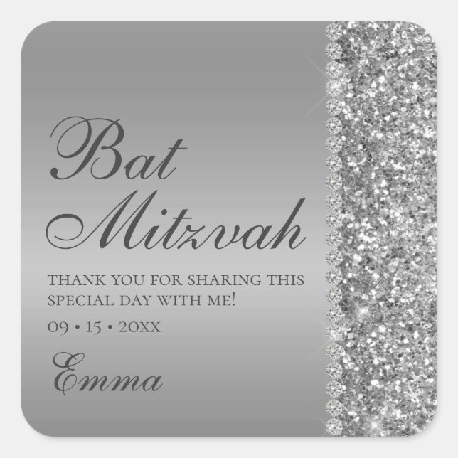 Silver Glitzer Bat Mitzvah Quadratischer Aufkleber (Vorderseite)