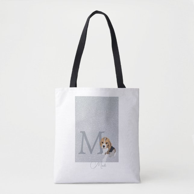 Silver Glitzer Beagle Dog Lover Custom Monogram (Vorderseite)