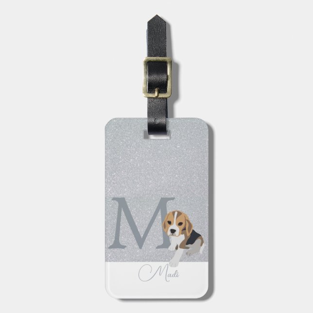 Silver Glitzer Beagle Hund liebt benutzerdefiniert Gepäckanhänger (Vorderseite vertikal)