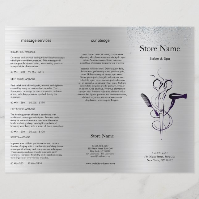 Silver Glitzer Beauty Salon Trifold Bruchure (Vorderseite)