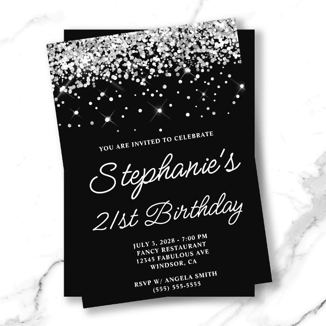 Silver Glitzer Black 21. Geburtstag Einladung (Silver Glitter Black 21st Birthday Invitation)