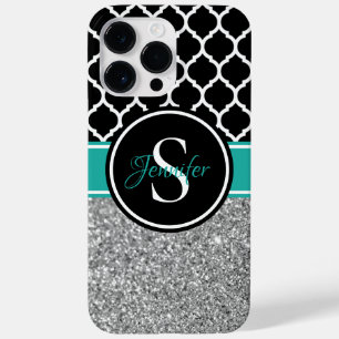 Silver Glitzer Black and White Trellis Monogram Case-Mate iPhone 14 Pro Max Hülle