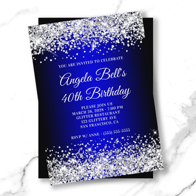 Silver Glitzer Black Blue Gradient 40. Geburtstag Einladung (Silver Glitter Black Blue Gradient 40th Birthday Invitation)