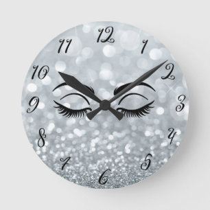 Silver Glitzer Black Eyelashes Salon Personalisier Runde Wanduhr