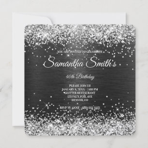 Silver Glitzer Black Foil 40th Birthday Monogram Einladung