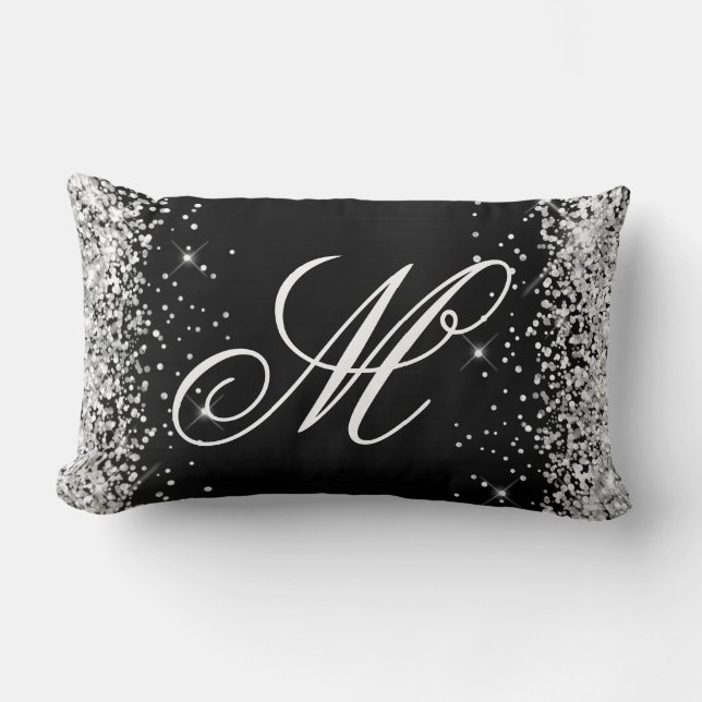 Silver Glitzer Black Foil Extravagant Mit Monogram Lendenkissen (Vorderseite)