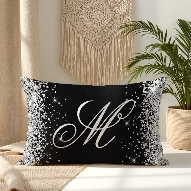 Silver Glitzer Black Foil Extravagant Mit Monogram Lendenkissen (Silver Glitter Black Foil Fancy Monogrammed Lumbar Pillow)