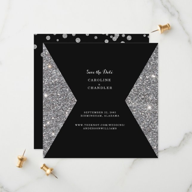 Silver Glitzer & Black Foto Wedding Save The Date (Vorderseite/Rückseite Beispiel)