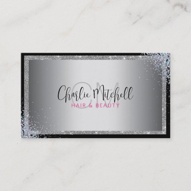 Silver Glitzer Black Frame Business Card Visitenkarte (Vorderseite)