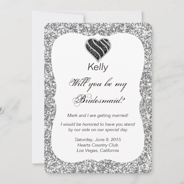 Silver Glitzer Black Heart Bridesmaid Card Einladung (Vorderseite)