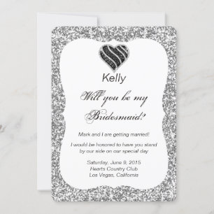 Silver Glitzer Black Heart Bridesmaid Card Einladung
