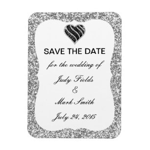 Silver Glitzer Black Heart Save the Date Magnet