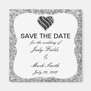 Silver Glitzer Black Heart Save the Date Magnet