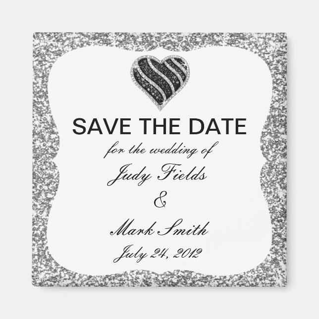 Silver Glitzer Black Heart Save the Date Magnet (Vorne)