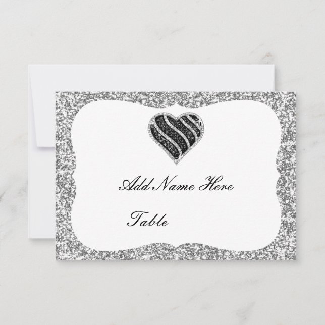 Silver Glitzer Black Heart Table Platzkarte (Vorderseite)