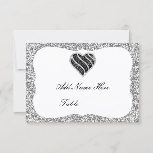Silver Glitzer Black Heart Table Platzkarte