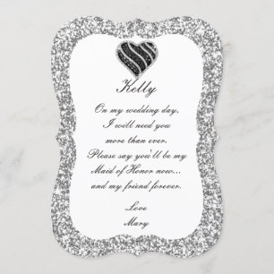 Silver Glitzer Black Heart Trauzeugin Card Einladung