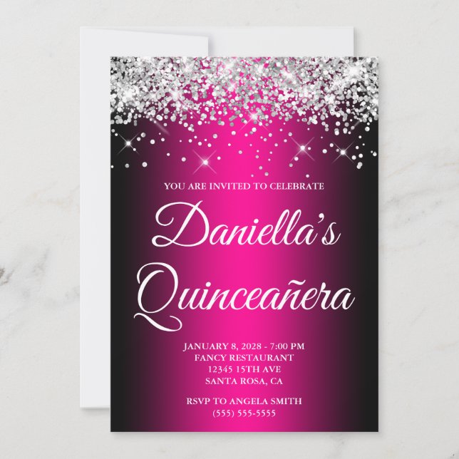 Silver Glitzer Black Magenta Ombre Quinceañera Einladung (Vorderseite)