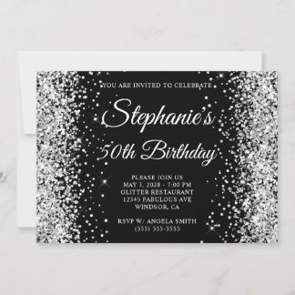 Silver Glitzer Black Monogram 50. Geburtstag Einladung