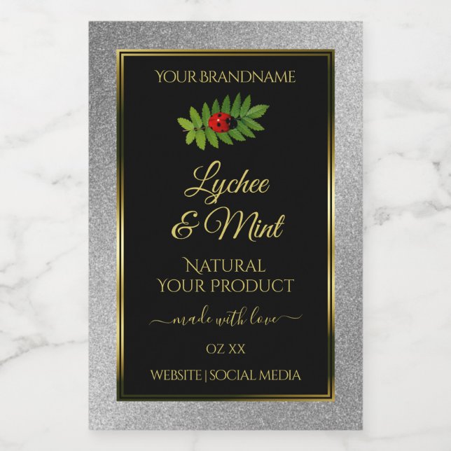 Silver Glitzer Black Product Labels Ladybug Leaf Lebensmitteletikett (Einzelnes Label)