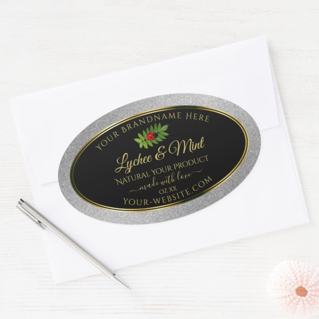 Silver Glitzer Black Product Labels Ladybug Leaf Ovaler Aufkleber (Umschlag)