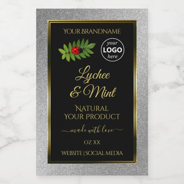 Silver Glitzer Black Product Labels Ladybug Logo Lebensmitteletikett (Einzelnes Label)