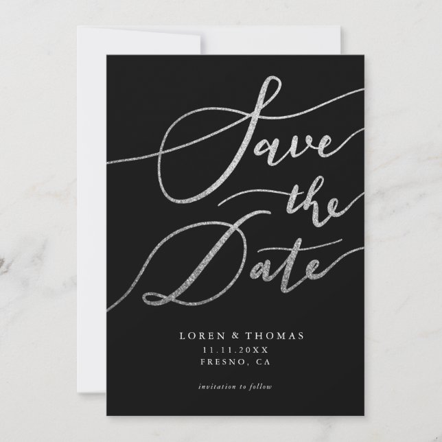Silver Glitzer Black Script Typografie Save The Date (Vorderseite)