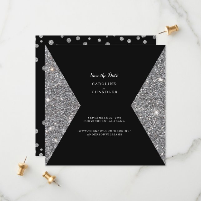 Silver Glitzer & Black Wedding Save the Date Glam (Vorderseite/Rückseite Beispiel)
