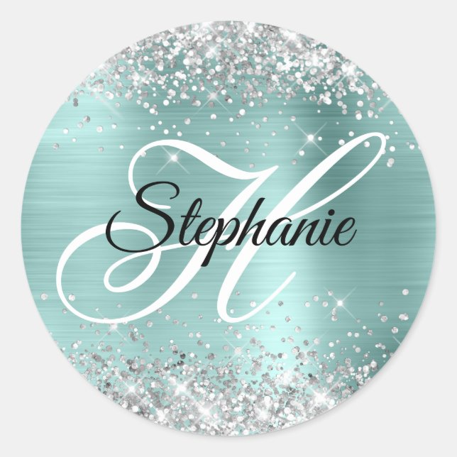 Silver Glitzer Blasstürkisfarbener Fohlen Extravag Runder Aufkleber (Vorderseite)