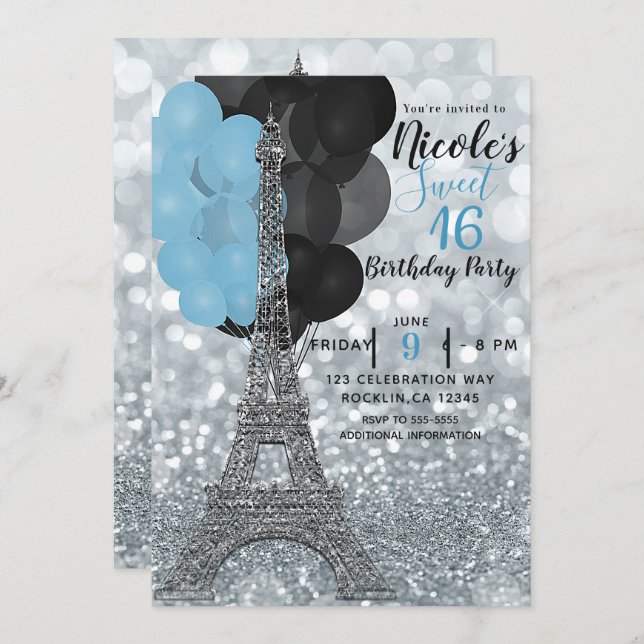 Silver Glitzer Blue Balloons Paris Eiffel Tower Einladung (Vorne/Hinten)