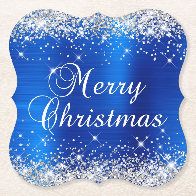 Silver Glitzer Blue Foil Frohe Weihnachten Untersetzer (Vorderseite)