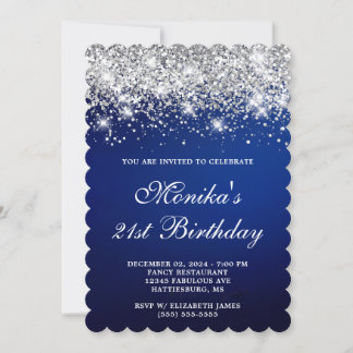 Silver Glitzer Blue Navy Ombre Bold 21. Geburtstag Einladung