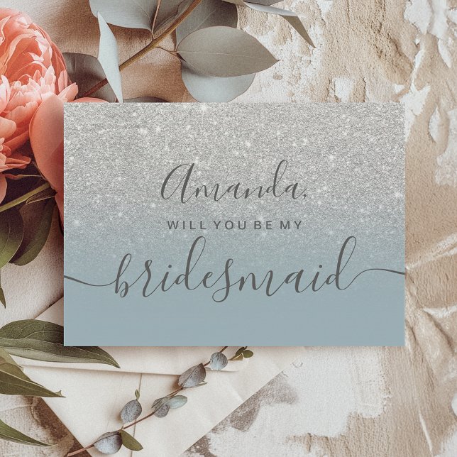 Silver Glitzer blue ombre Skript meine Bridesmaid Einladung (Silver glitter blue ombre script my bridesmaid invitation)