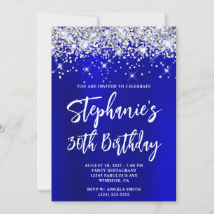 Silver Glitzer Blue Satin Bold 30. Geburtstag Einladung