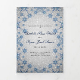 Silver Glitzer Blue Snowflake Winter Wedding Dreifach-gefaltete Programmkarte
