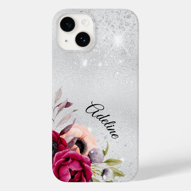 Silver Glitzer Blume burgundname Case-Mate iPhone Hülle (Rückseite)