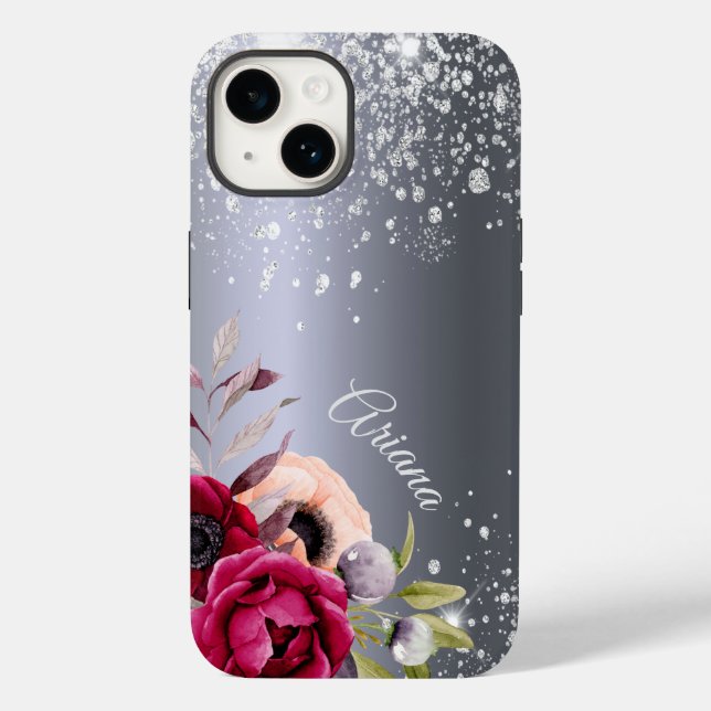 Silver Glitzer Blume burgundname Case-Mate iPhone Hülle (Rückseite)