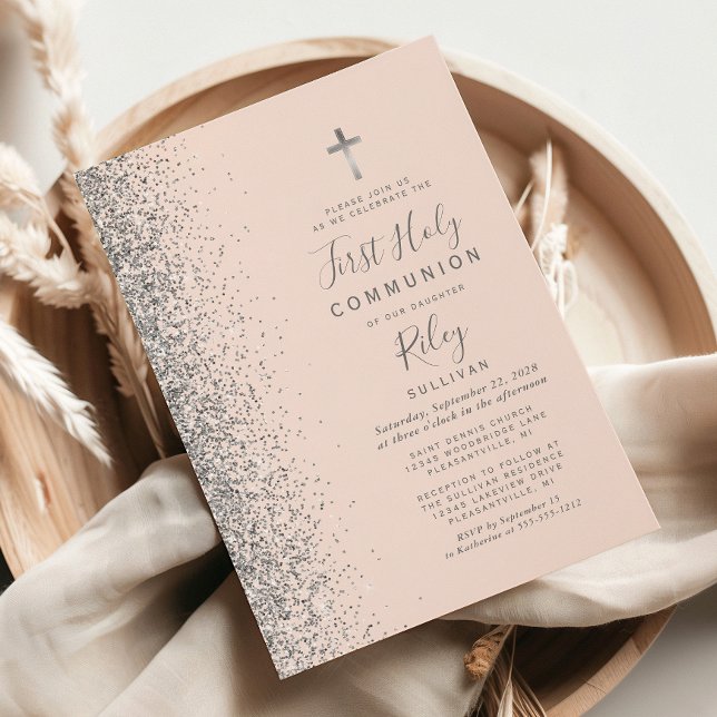 Silver Glitzer Blush Pink Erste Heilige Kommune Einladung (Von Creator hochgeladen)