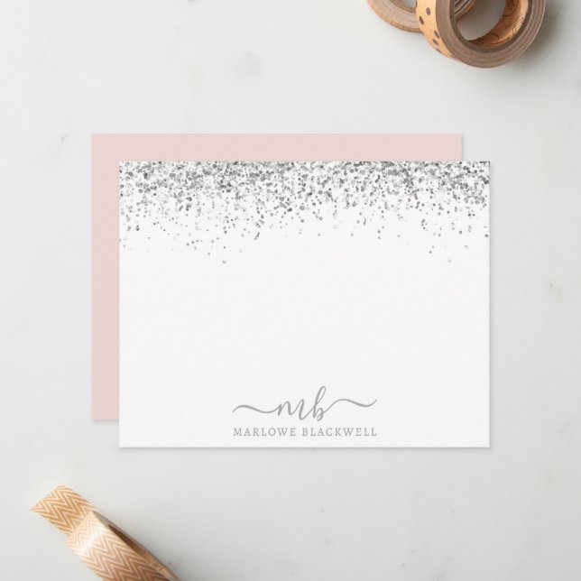Silver Glitzer Blush Pink Mit Monogramm Note Card Mitteilungskarte (Vorderseite/Rückseite Beispiel)