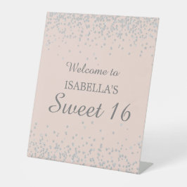 Silver Glitzer Blush Pink Sweet 16 Begrüßungsname Sockelschild