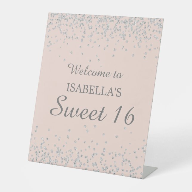 Silver Glitzer Blush Pink Sweet 16 Begrüßungsname Sockelschild (Vorderseite)