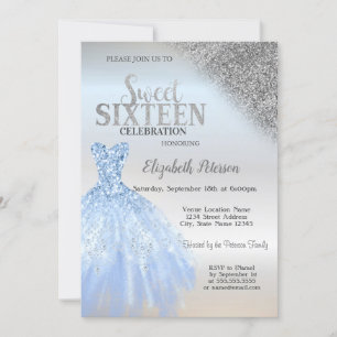 Silver Glitzer Bokeh, Blue Dress Silver Sweet 16 Einladung