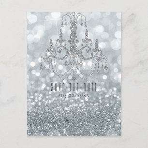 Silver Glitzer Bokeh Glam Chandelier Save the Date Ankündigungspostkarte