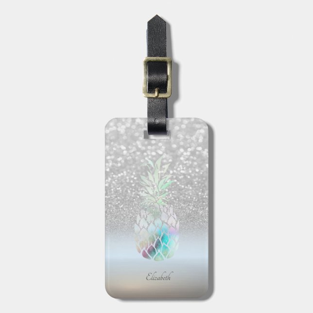 Silver Glitzer Bokeh Ombre, Ananas- Personalisiert Gepäckanhänger (Vorderseite vertikal)