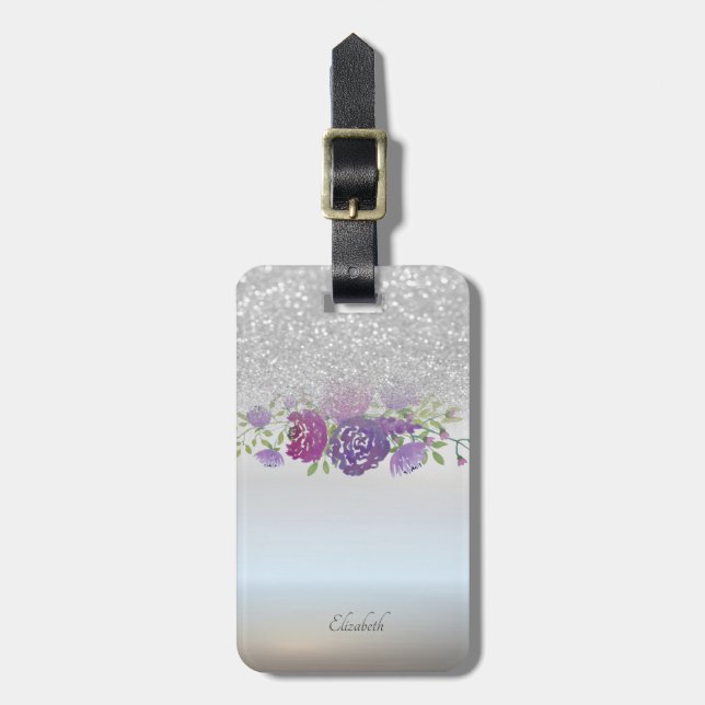 Silver Glitzer Bokeh Ombre, Blume - Personalisiert Gepäckanhänger (Vorderseite vertikal)