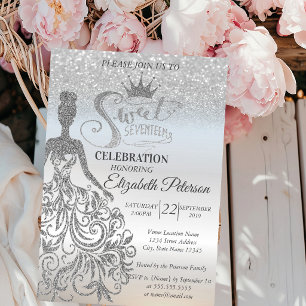 Silver Glitzer Bokeh Ombre, Dress, Tiara, Sweet 17 Einladung