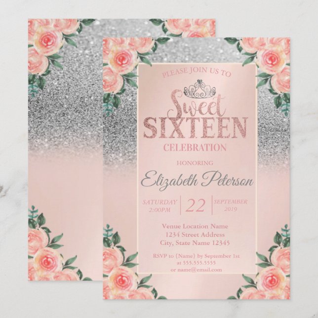 Silver Glitzer Bokeh, Tiara Floral Sweet 16 Party Einladung (Vorne/Hinten)