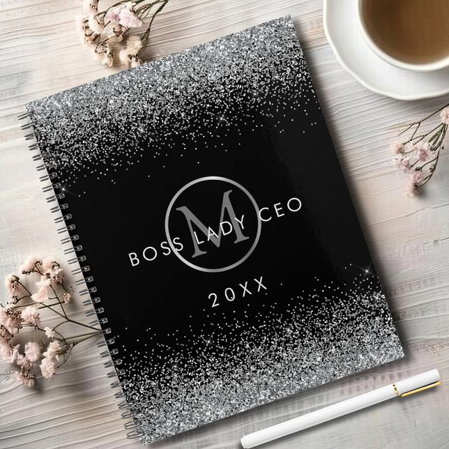 Silver Glitzer Boss Lady CEO Monogram Planer (Sparkly Silver Glitter Boss Lady CEO Black Monogram Annual Planner)