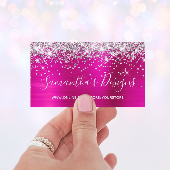 Silver Glitzer Bright Hot Pink Foink Online Store Visitenkarte (Faux Glittery Business Cards)