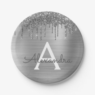 Silver Glitzer Brushed Metal Monogram Name Pappteller